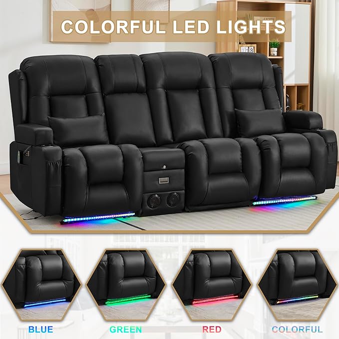 URRED Loveseat Recliner Sofa with Massage and Heat, Power Reclining Loveseat Sofa RV Couch with Console and Middle Seat, 3-Seater Home Theater Seating with LED Lights, Faux Leather, Black