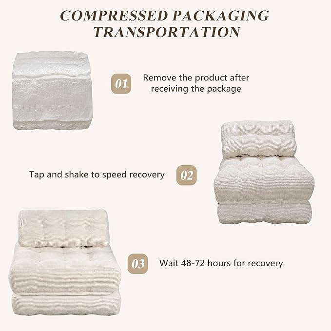 Folding Sofa Bed,Convertible Sleeper Chair for Adults, Folding Sofa Bed Foam Filling Couch with Pillow，Sleeper Chairs Single Size Floor Mattress,White
