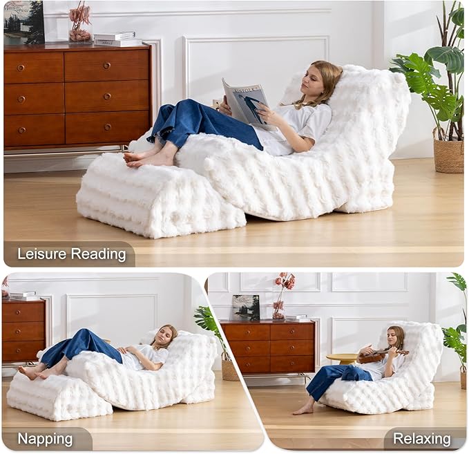 Gaint Bean Bag Chairs for Adults, Beanbag Lounge Filled with Memory Foam, Adjustable Angle, Velvet Fabric, with Detachable Footrest for Bedroom, Living Room and Nursery(White)