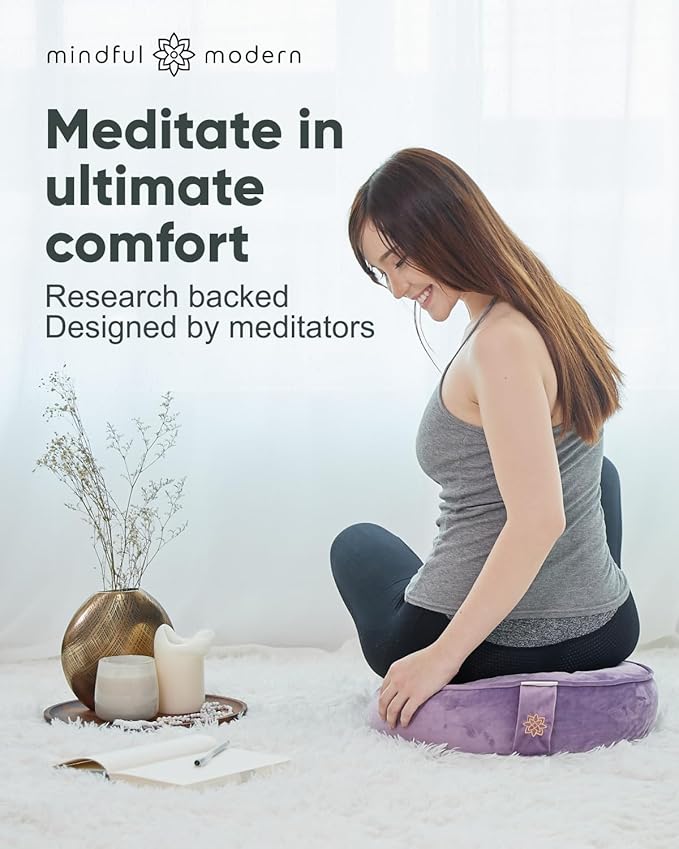 Mindful Modern Velvet Meditation Cushion | Luxe Zafu Yoga Floor Pillow Seat | Posture Support | Buckwheat Hull Filled | Large Round Cushion with Removable Washable Cover + Carry Handle