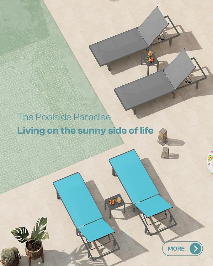 Pool Lounge Chairs Set of 3 (2 Loungers + 1 Side Table)，Outdoor Lounge Chairs with Wheels and 5-Position Recliner, Aluminum Patio Lounge Chair for Poolside, Deck (Darkgray)