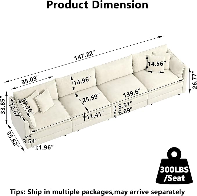 Aoowow Modular Sectional Sofa,147.2 Inch Deep 4-Seater Sofas Comfy Chenille Cloud Sofas and Couches with Pillows for Living Room Apartment（Beige）