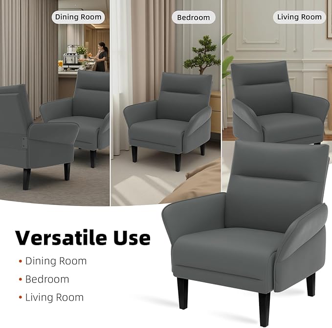 2-Pack Faux Leather Accent Sofas, Slanted Shawl Armchairs with Wide Armrests & Wooden Legs, Gray Sofa Chairs Set for Living Room, Bedroom, Small Spaces