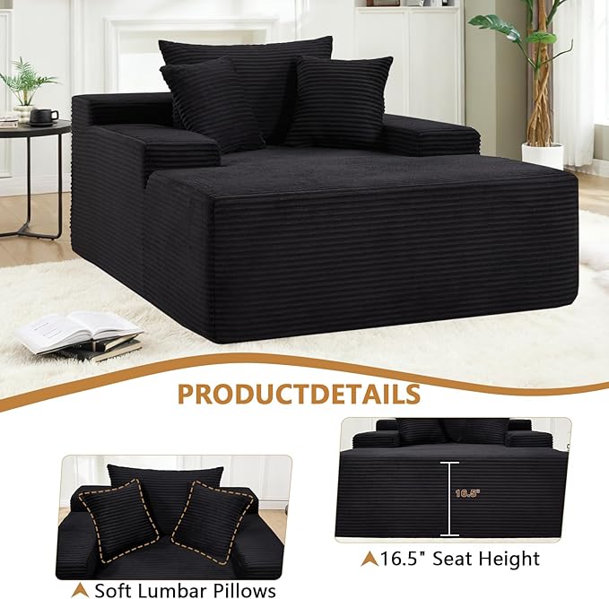 67.3'' Oversized Chaise Lounge Chair Indoor,Corduroy Boneless Couch with 3 Pillows Wide Armrest,Comfy Cloud Couch Sleeper Sofa Reading Chairs for Living Room Bedroom,No Assembly Required (Black)
