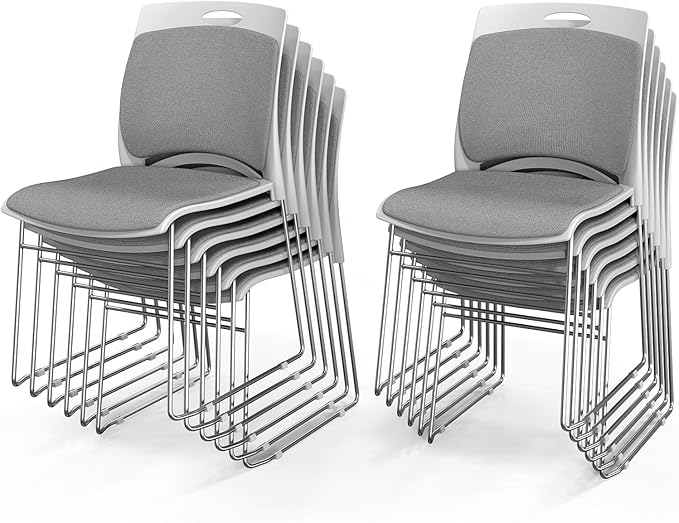 VINGLI Stackable Chairs Set of 12, Stacking Office Chairs with Metal Sled Base, Ergonomic Plastic Padded Seat & Back, Capacity 350lbs, Stacking Chairs for Waiting Room Break Room Banquet Guest, Gray