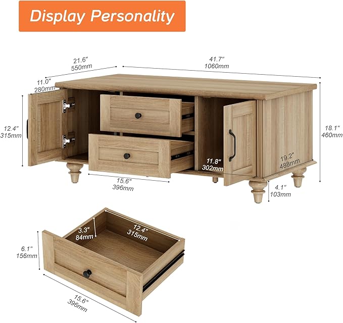 WAMPAT Oak Coffee Table with Drawer & Storage Cabinet, Farmhouse Rustic Center Table for Living Room, Rectangle Wooden Cocktail Table Tea Table for Home, Office