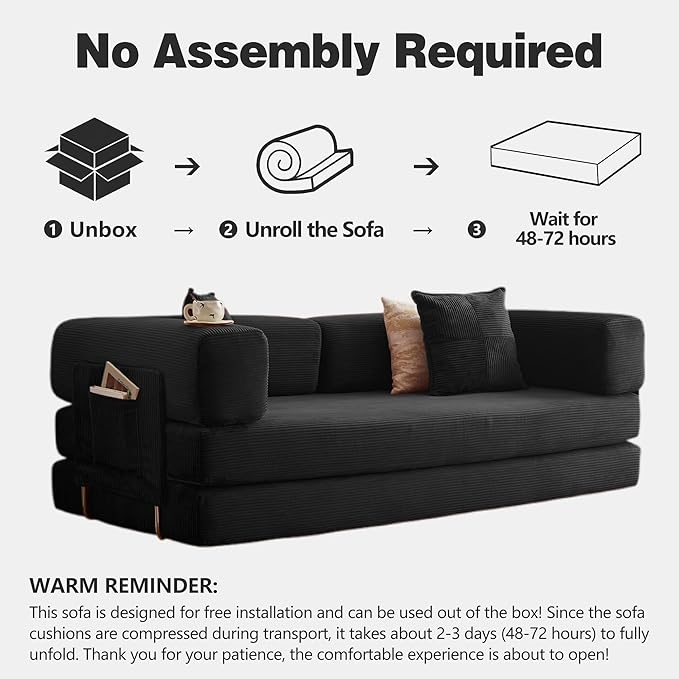LIAROO 78.8" Convertible Sofa Bed - Compression Sofa with Corduroy Fabric - with Armrests and Backrest - Modular Sectional for Living Room, Bedroom, Studio - Compression Sofa in Box (Black)