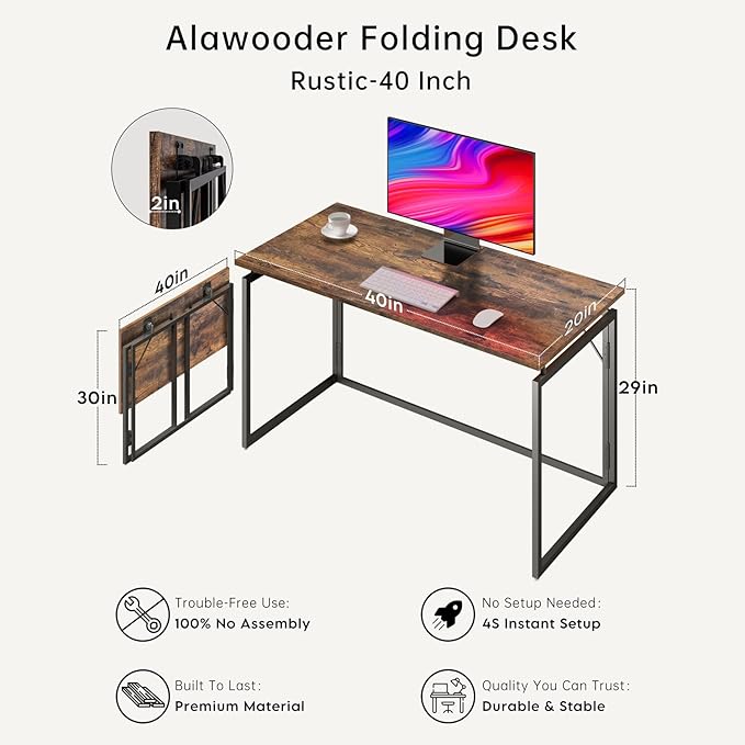 Folding Desk - 39.4” Wood Top Foldable Desk for Small Spaces | No Assembly Required Compact Desk for Home Office, Writing, and Study