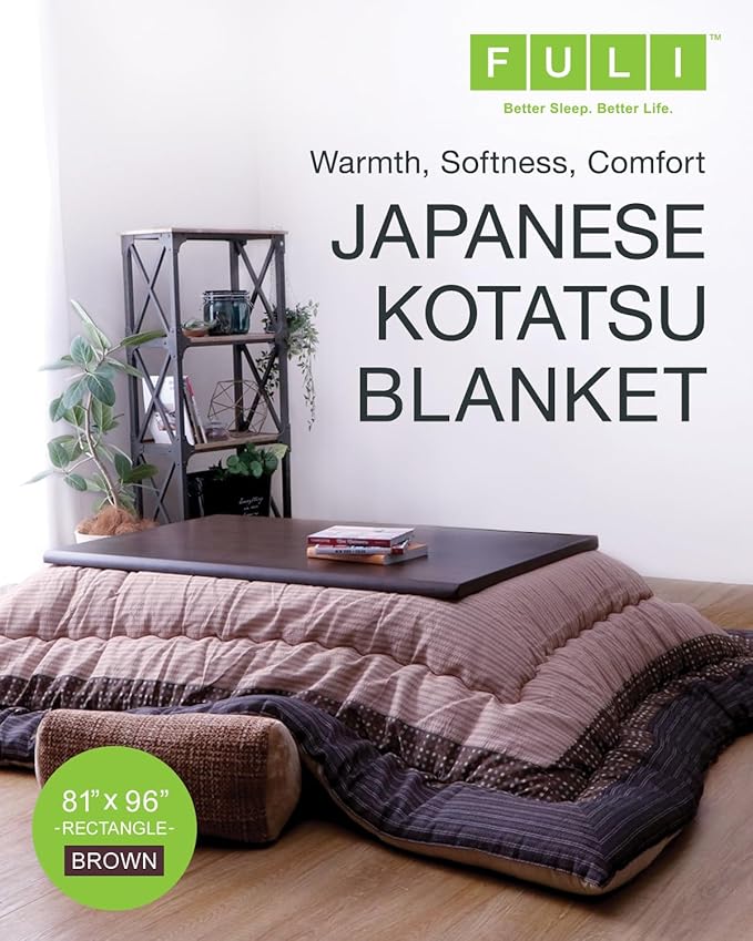 FULI Japanese Kotatsu Blanket, Warm Quilted Kotatsu Futon Comforter, 100% Cotton Top, Made in Japan, 81x96 in / 205x245 cm Rectangle (Brown)