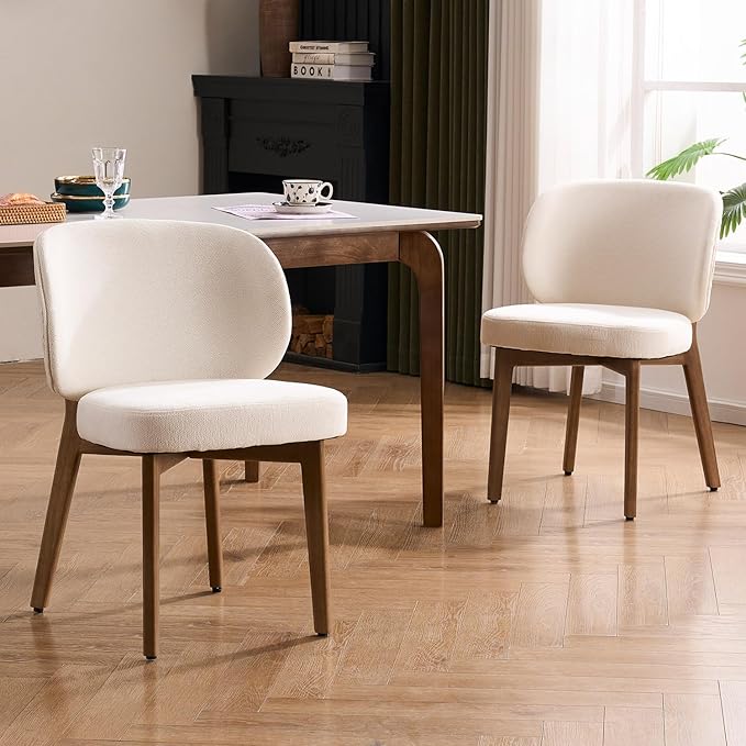 YOUNUOKE Dining Chairs Set of 2, Modern Chenille Fabric Dining Room Chair with Wood Legs, Widen Backrest Upholstered Comfy Armless Side Kitchen Chairs, Beige
