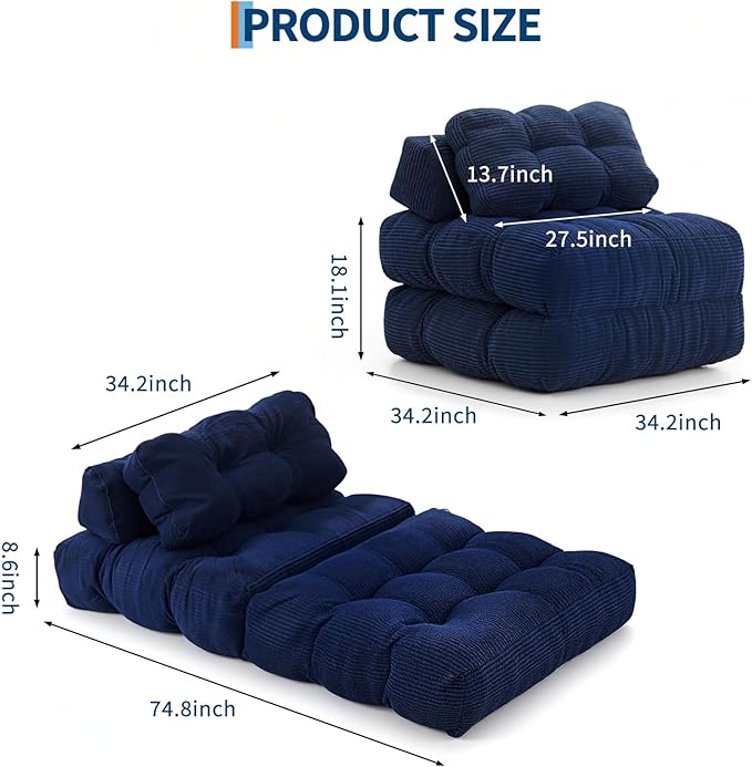 Garvee Folding Sofa Bed, Convertible Sleeper Chair with Pillow Foldable Mattress with Back Support, Boneless Fold Out Chair Bed Comfy Floor Sofa Lounge for Living Room, Bedroom, Navy Blue, Single