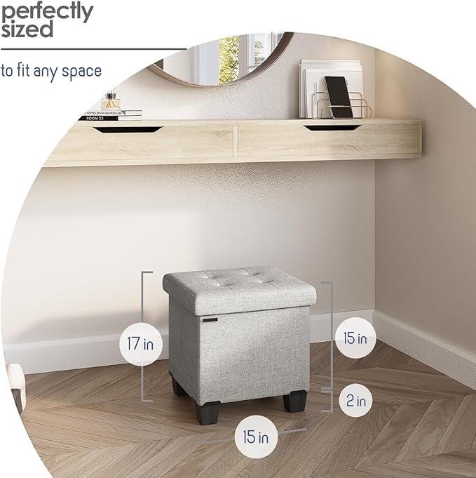Storage Ottoman Cube with Small Bin, 16-in Square Ottoman with Storage for Living Room and Bedroom, Small Ottomans Foot Rest, Fabric Foot Stools Ottomans Max 330lbs, Light Grey