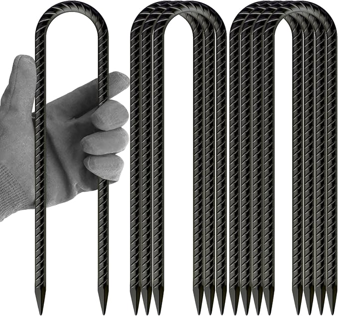 OK5STAR 12 Inch U Shaped Trampoline Stakes 8 Pack, 5/16" Diameter Heavy Duty Steel Wind Resistant Rebar Stakes, Black E-Coated Anti-Rust Ground Stakes for Trampoline, Swing Set, Bounce House Safety