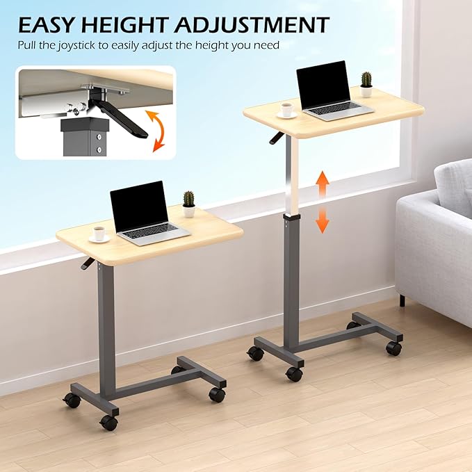 WOTURE Adjustable Overbed Table with Wheels, Bedside Rolling Table, Pneumatic Height Adjustment, Hospital Bed Table on Wheels, Standing Desk, Bedridden & Mobility Needs, Maple