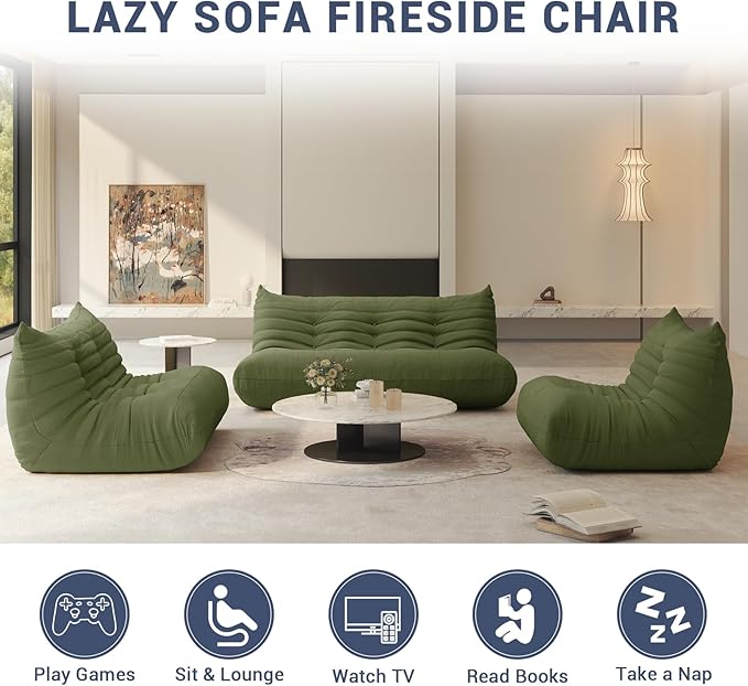 Bean Bag Chair for Adults, Fireside Chair Lazy Floor Sofa, Modern Corduroy Fabric Caterpillar Sofa Couch, Armless Foam Lounger Tatami Recliner Bean Bag Couch for Living Room Bedroom Dorm Office