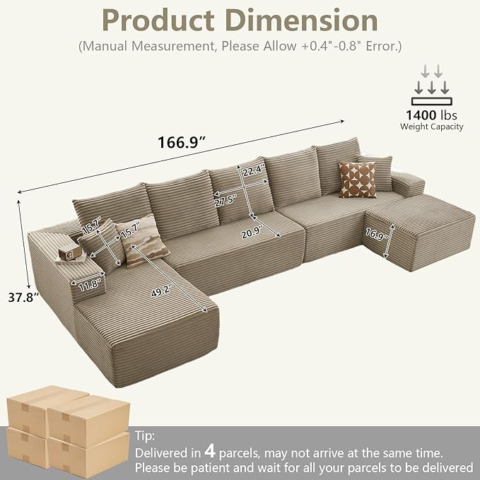 Lakifun 166.9" L-Shape Sofa with Ottoman, Modern Modular Sectional Comfy U-Shape Cloud Couch, Deep Seat, Upholstered Corduroy Sleeper Chaise Longue for Living Room Bedroom, No Assembly Required, Camel