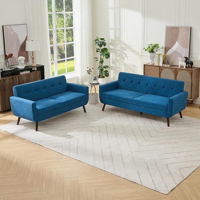 Tbfit Mid Century Modern Sofa Couch, Blue, Loveseat & Standard Sofa | linen fabric, button tufted, solid wood foot, pocket spring, wood slats frame