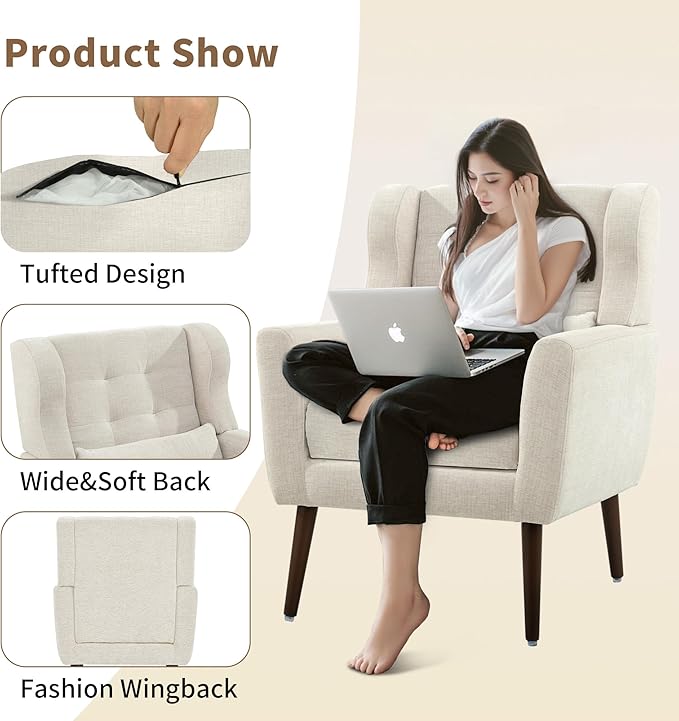 CHSICFOR Modern Accent Chair, Upholstered Arm Chair with Waist Pillow, Single Sofa Chair for Living Room Bedroom Small Spaces (Beige)