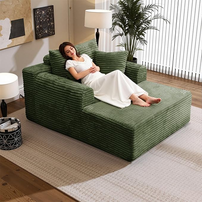 Oversized Chaise Lounge Chair Indoor, Upholstered Single 61'' Round Arm Boneless Cloud Sofa Bed Sleeper Couch, No Assembly Faux Rabbit Fur Memory Foam Reading Chair for Living Room Bedroom Green