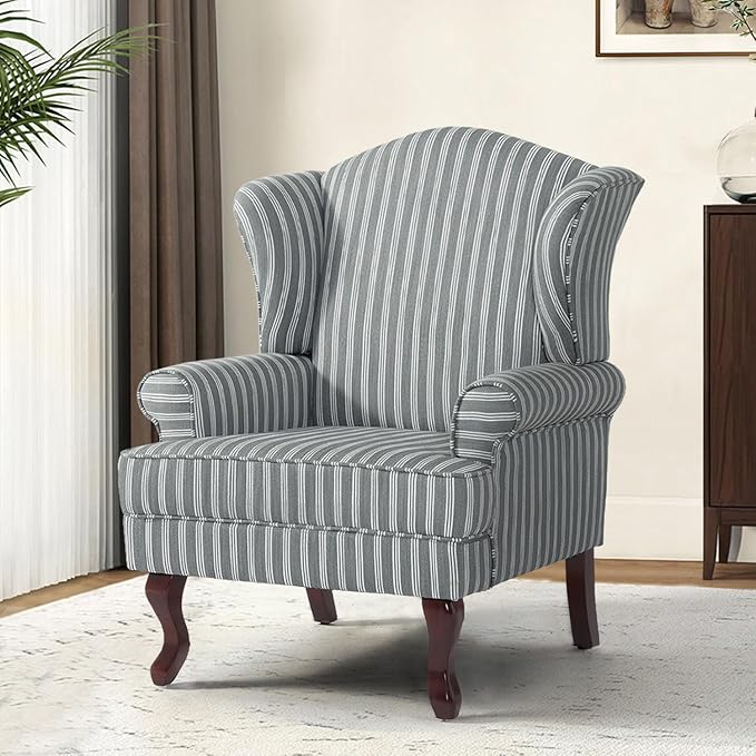 DREAMSIDEA Accent Chair, High Back Upholstered Armchair with High Resilience Sponge & Wood Legs, Mid-Century Modern Comfy Single Sofa Reading Chairs for Living Room, Bedroom (Stripe Grey, Set of 2)