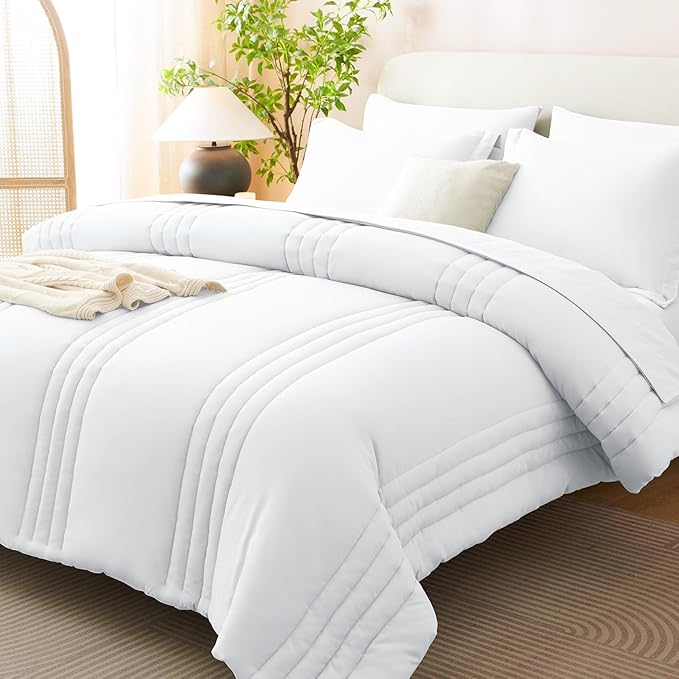 CozyLux Queen Comforter Set - 7 Pieces Bed in a Bag White Comforter Set with Sheets Luxury Bed Set All Seasons, Soft Bedding Set with Down Alternative Comforter, Sheets, Pillowcases & Shams