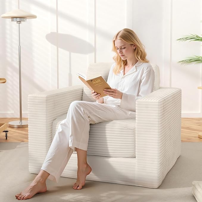 Bean Bag Chair, Large Beanbag Chair for Adults, Comfy Foam Floor Sofa with Pillows and Armrests, Plush Chair Bean Bag Couch for Bedroom Living Room, (Plush Corduroy Fabric, Beige)