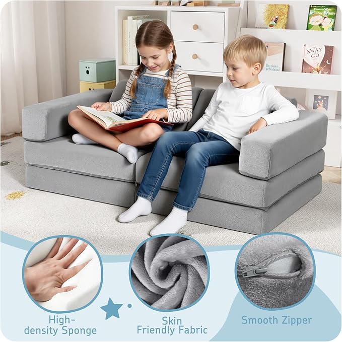 MeMoreCool Kids Modular Play Couch – 10-Piece Foam Climbing Sofa Set for Ages 2–6 | Creative Fort Building, Reading & Nap Time | Washable Plush Covers, Light Grey