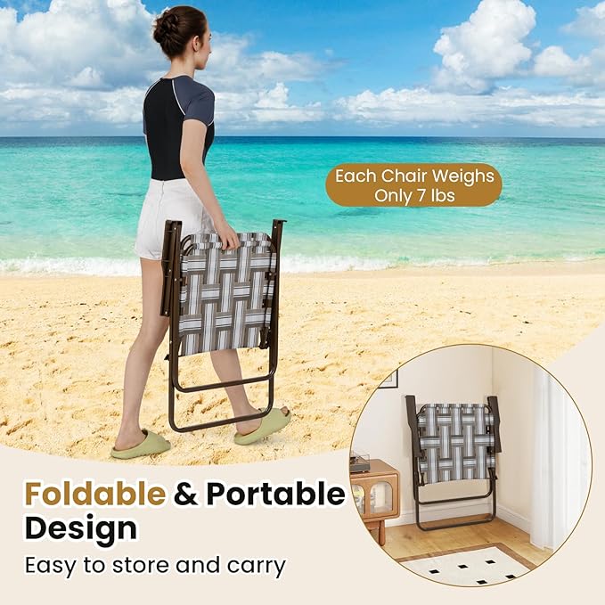 GYMAX Lawn Chair Folding, Webbed Beach Lounge Chairs Set with Highback, Outdoor Portable Lightweight Camping Dinning Chair for Patio, Lawn, Poolside, Sports, Garden, Backyard (2,Coffee)
