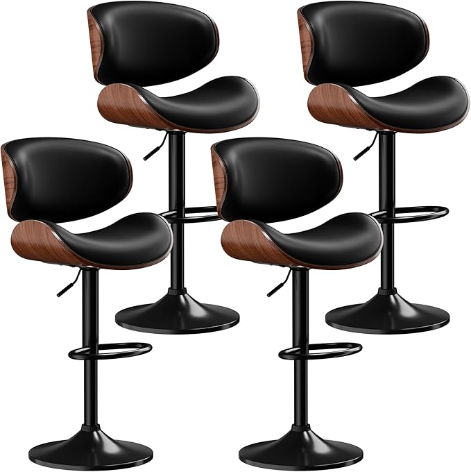 Aowos Bar Stools Set of 4, Adjustable Swivel Bar Stools Mid-Century Modern PU Leather Counter Height Bar Stool for Kitchen Island Bar Chairs with Back (Black)