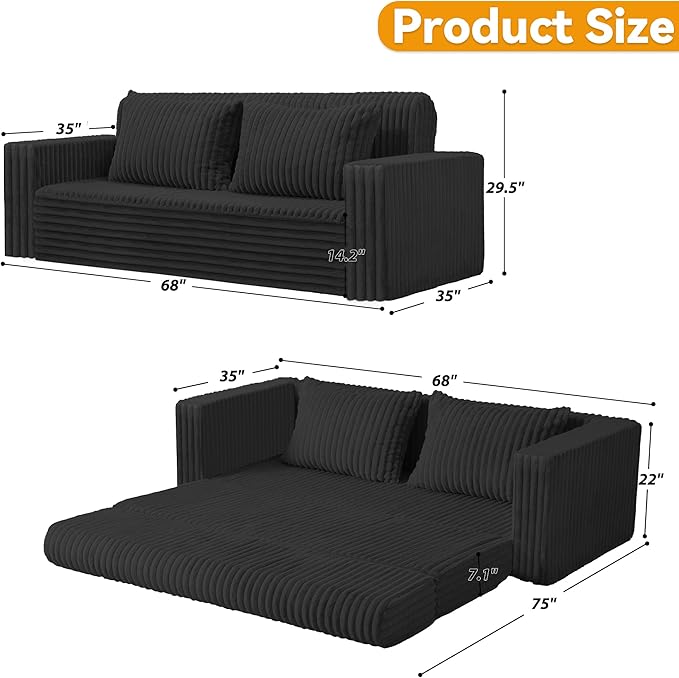 HABUTWAY Folding Sofa Bed, 2 in 1 Convertible Sleeper Chair with 2 Pillows, Portable Fold Out Chair Bed with Armrest, Comfy Floor Couch, Lazy Sofa for Living Room Bedroom Dorm Home Office, Black