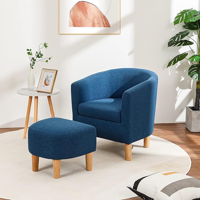 DAZONE Accent Chair Set of 2 Mid Century Modern with Ottoman Comfy Armchair Footrest Comfortable Living Room Chairs Upholstered Barrel Round Club Tub Sofa for Bedroom Reading Blue (D79402)