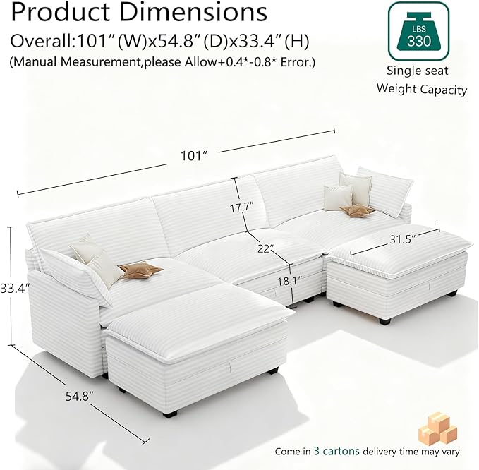 Modular Sectional U Shaped Sofa Couches with Storage Ottoman, Cloud Couch for Living Room, Comfy Sofa with Pillow, White
