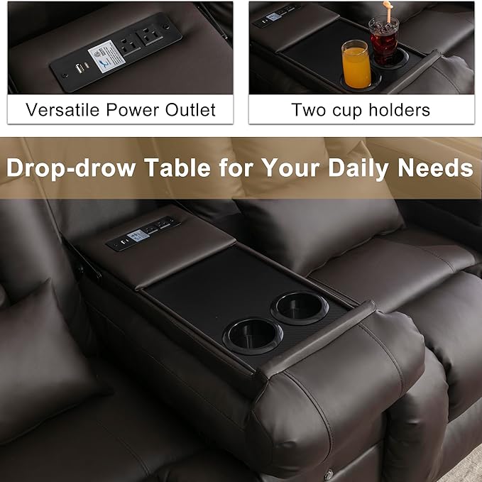 URRED Loveseat Recliner Sofa with Massage and Heat, Power Reclining Loveseat Sofa RV Couch with Console, Home Theater Seating with LED Lights, Bluetooth Speaker, USB, Outlets, Faux Leather, Dark Brown