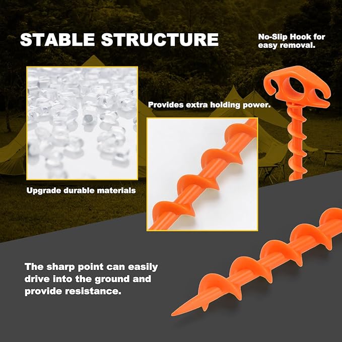 COBARYEN Tent Stakes Ground Anchors Screw in, 6 Pack Sand Stakes for Beach 9.4 Inch Heavy Duty Spiral Tent Pegs for Camping, Party, Hiking, Outdoor Decoration (6, Orange)