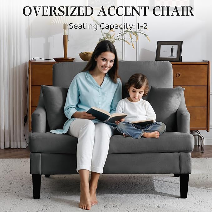 Bezseller Oversized Accent Chairs Set of 2, 33.5'' Wide Seat Comfy Armchair with 2 Pillows, Upholstered Big Reading Chair, Modern Single Sofa Chair for Living Room Bedroom Apartment Office, Dark Grey