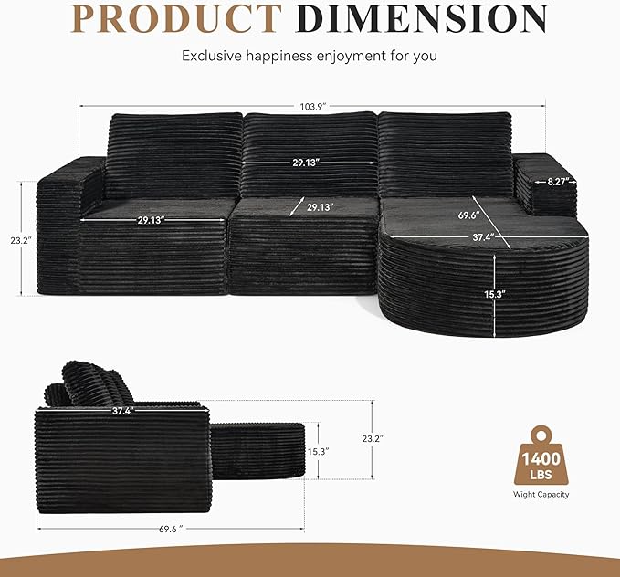 Modular Sectional Sofa with L-Shape Chaise,Cloud Sectional Modern Sleeper Couch with Deep Seat,Sponge Compression Sofas No Assembly Required (Black-Corduroy Fabric) 1PCS