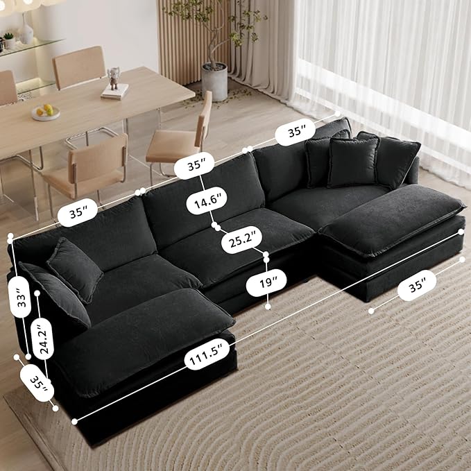 SoarFlash Chenille Sectional Sofa, Comfy L Shaped Modular Coush Sofa with Ottoman, Modern 3 Seat Couch Deep Seat Sofa Set for Living Room,Grey