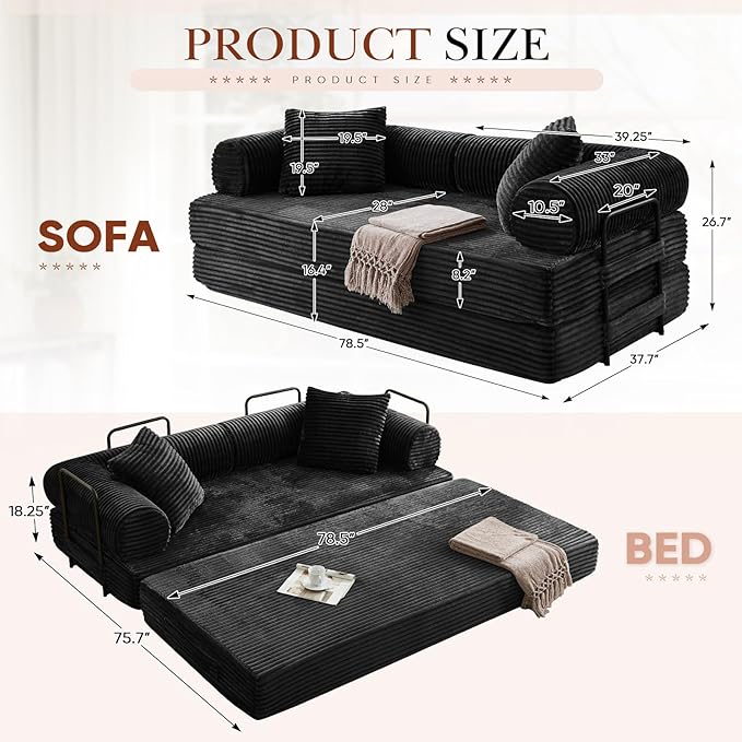 Modular Couch Bed, Convertible Folding Plush Corduroy Comfy Floor Memory Foam Compression Loveseat Sleeper Sofa Couch, King Size Bed for Guest Room Living Room Bedroom, No Assembly Required, Black