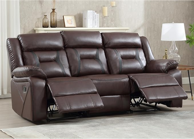 EBELLO Faux Leather Manual Reclining Sofa, 3 Seat Recliner Sofa Chair, Couch Furniture for Living Room, Furniture, Meeting Room, Dark Brown (3 Seat Sofa)