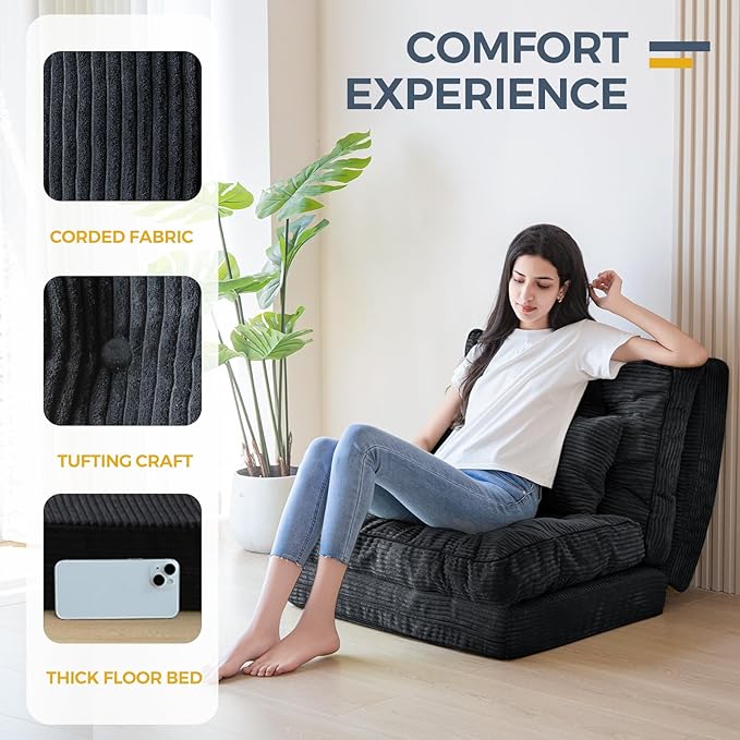 MAXYOYO Bean Bag Bed Tufted Folding Sofa Bed with Pillows Floor Mattress for Adults, Extra Thick and Long Floor Sofa, Single Couch for Bedroom Living Room, Black, 30x91 Inch