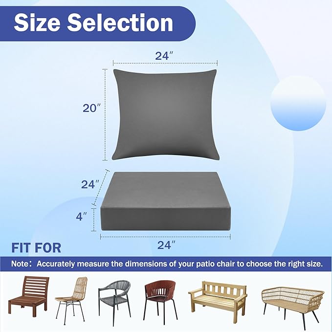 Outdoor Seat Cushion Set, Waterproof & Fade Resistant Patio Chair Cushions, Outdoors Cushion for Patio Furniture, 24 x 24 x 4 Inch, Outdoor Couch Cushions with Handle and Ties, Grey