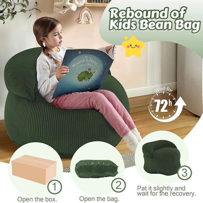 COMAX Bean Bag Chair for Kids, Convertible Toddler Beanbag Bed Corduroy, Children Bean Chair Stuffed to Floor Mattress with Filler, Green