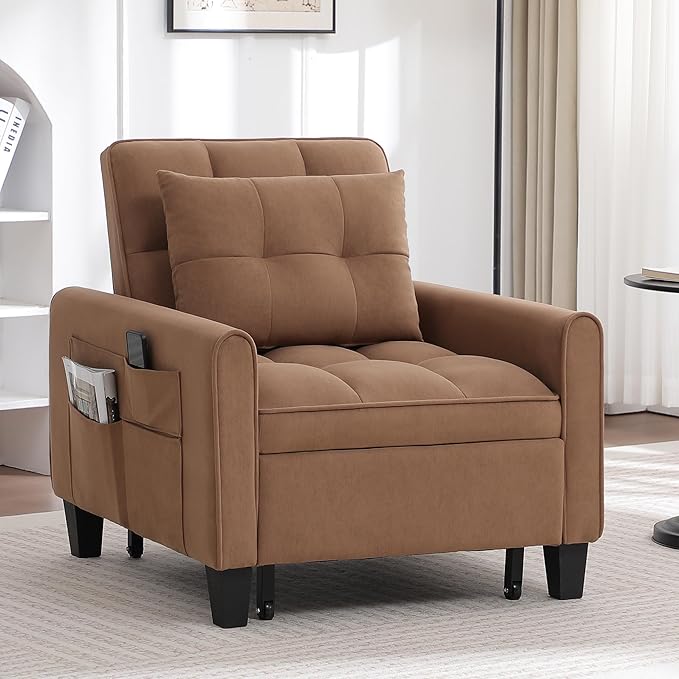 choairy Convertible Sleeper Chair, 3 in 1 Sleeper Chair Bed Pull Out Sofa Bed Chairs, Single Sofa Beds with Adjustable Backrest for Adults Reading Living Room, Bedroom, Velvet Brown