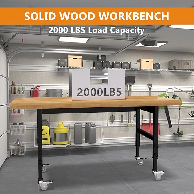 60" Heavy-Duty Solid Wood Work Bench with Wheels, Adjustable Height Workbench with Power Outlets, 2000 LBS Capacity Work Table for Garage, Workshop(60" X 24")