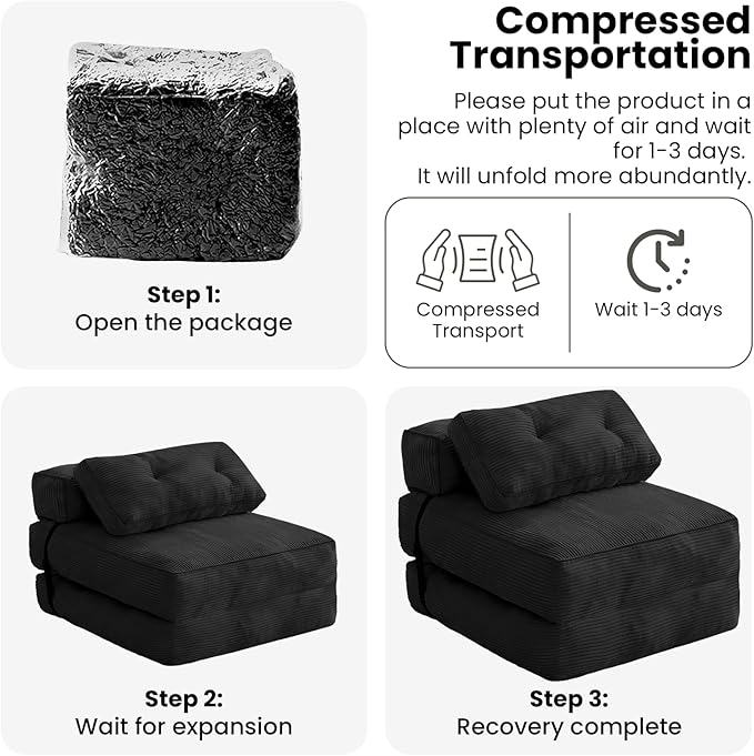 tantohom Folding Sofa Bed, Convertible Sleeper Chair with Pillow Foldable Mattress with Back Support,Space-Saving Sofa for Living Room,Bedroom (Black)