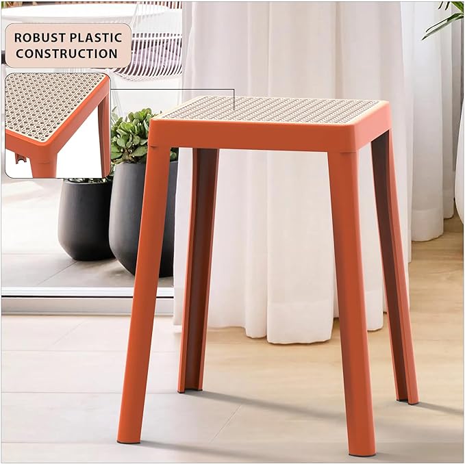 LeisureMod Tresse Mid-Century Modern Square Plastic Dining Stool Set of 2, Stackable Accent Stools with Breathable Seat, Lightweight Seating for Kitchen, Dining Room, Bedroom, or Entryway (Orange)