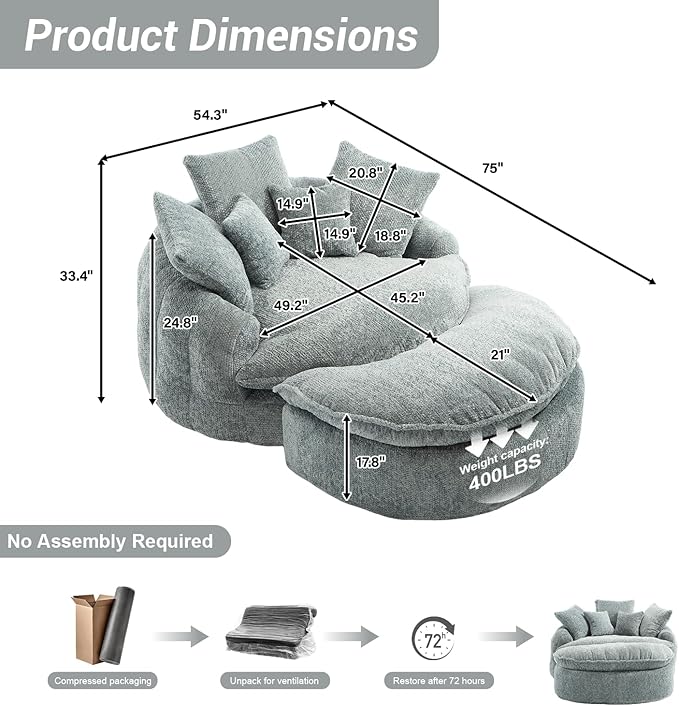 54" Oversized Round Chaise Lounge Indoor Boneless Bean Bag Chair with Movable Ottoman Fluffy Comfy Reading Chair Large Circle Cloud Couch Sleeper Sofa Bed for Living Room, Bedroom, Blue Gray