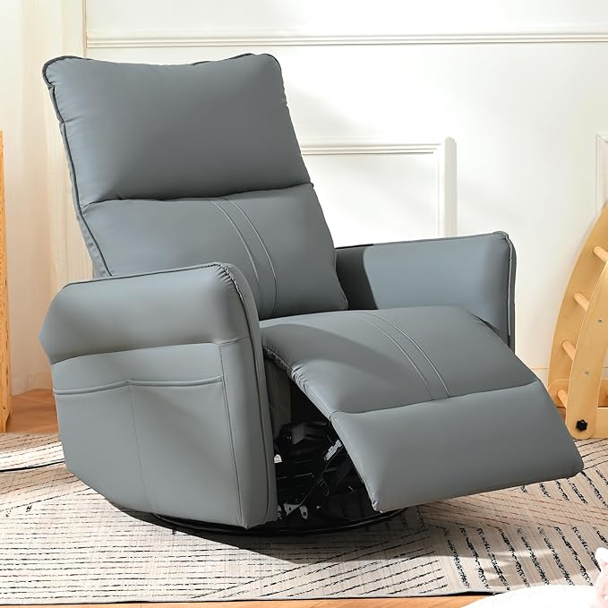 QKFF Glider Chair for Nursery, 360° Swivel Rocker Recliner with Side Pocket, Leather Manual Rocking Chair for Living Room, Bedroom, Small Spaces