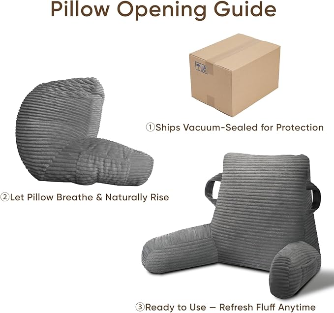 ABROLOY Reading Pillow for Sitting in Bed Adult, Bed Reading Pillow with Shredded Memory Foam, Back Pillow for Sitting with Arms and Pockets, Gery