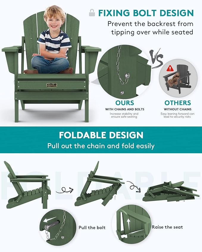 SERWALL Foldable Adirondack Chair Set of 2 for Patio Garden Outdoors Fire Pit Chairs-Avocadogreen